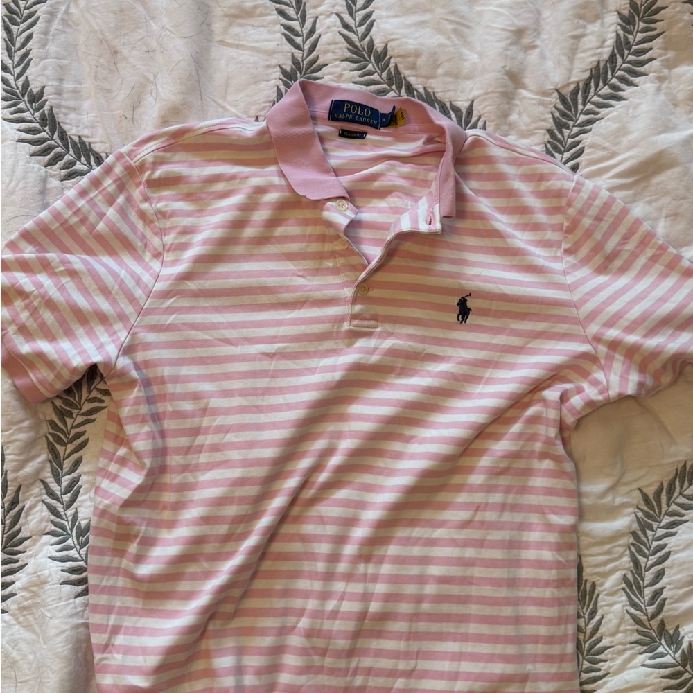 Ralph Lauren Pima Mens Polo M Pink White Striped Short Sleeve Cotton Shirt